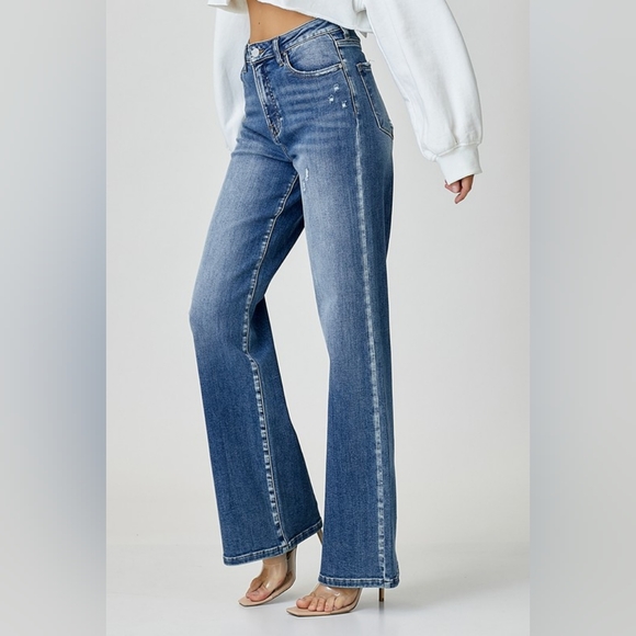 RISEN High-Rise Waist Straight Leg Mom Jeans Relaxed Fit Distressed Denim Pants - Picture 6 of 15